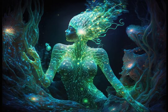 Luminous alien underwater. Beautiful illustration picture. Generative AI