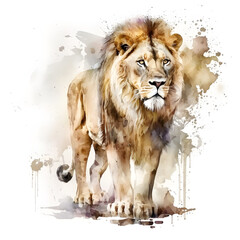 Cute watercolor lion. Funny animal design for fabric, t-shirt, greeting card, sticker. Illustration by Generative Ai
