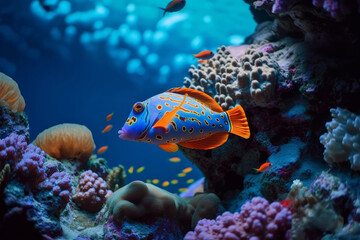 Naklejka na ściany i meble Discover the Vibrant Ecosystem of the Underwater Sea World: A Colorful Exploration of Tropical Fish and Coral Reef Life, Generative AI.