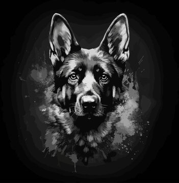 Black and white splat paint style close portrait of a German Shepherd breed dog isolated on black background. Vector. Generative AI