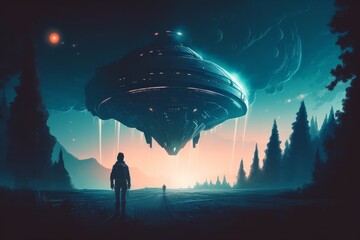 Nighttime Abduction: A Captivating Digital Art Depicting a Sci-Fi Spaceship Taking Humans Away, Generative AI.