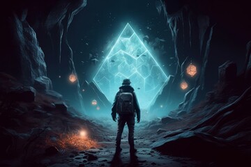 Journeying into the Unknown: A Haunting Painting of an Explorer Discovering Diamonds in a Spooky Environment, Generative AI. - obrazy, fototapety, plakaty