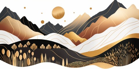 Obraz premium Golden colors. Mountain vector background. Beautiful illustration picture. Generative AI