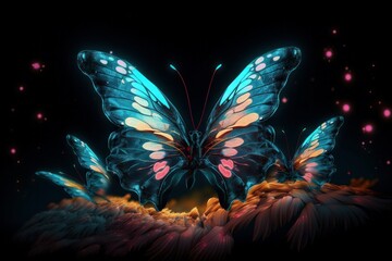 Obraz na płótnie Canvas Mesmerizing Night Glowing Butterflies Illuminate Dark Abstract Canvas in a Dazzling Display, Generative AI.