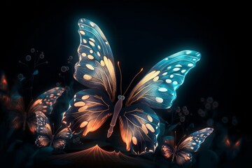 Fototapeta na wymiar Mesmerizing Night Glowing Butterflies Illuminate Dark Abstract Canvas in a Dazzling Display, Generative AI.