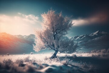 Obraz na płótnie Canvas Mysterious winter landscape of majestic mountains. Beautiful illustration picture. Generative AI