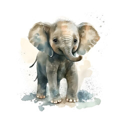 Cute watercolor elephant. Funny animal design for fabric, t-shirt, greeting card, sticker. Illustration by Generative Ai
