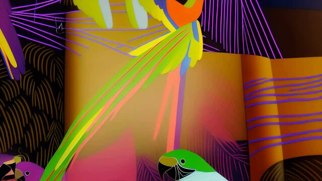Generative ai motion animation of vintage oil painting of tropical flowers and parrots. Digital image painted manipulation impressionism style of jungle birds.