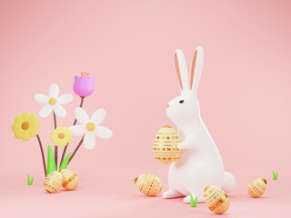 3D render,a cute Easter image with a bunny holding an egg on a pink background. concept easter day.