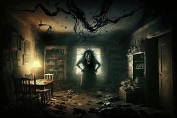 Realistic horrible nightmare in the room with monsters. Beautiful illustration picture. Generative AI