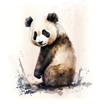 Illustration of funny watercolor panda. Graphics for fabric, t-shirt, greeting card, sticker. Illustration by Generative Ai
