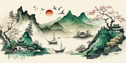 Mountains at background. Sea and palms on the beach. Beautiful illustration picture. Generative AI