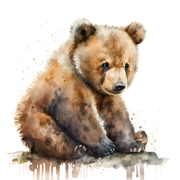 Illustration of funny watercolor bear. Graphics for fabric, t-shirt, greeting card, sticker. Illustration by Generative Ai
