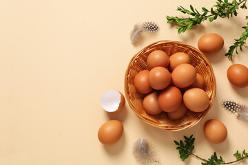 Concept of fresh and natural farm product - eggs, space for text