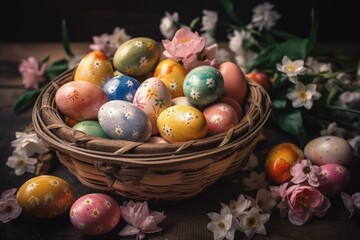 Obraz na płótnie Canvas vibrant basket overflowing with painted Easter eggs. Generative AI