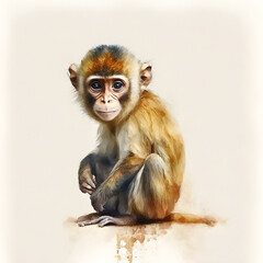 Illustration of funny watercolor monkey. Graphics for fabric, t-shirt, greeting card, sticker. Illustration by Generative Ai
