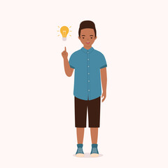 One Smiling Little Black Boy Thinking With One Finger Pointing Up A Yellow Light Bulb. Full Length. Flat Design Style, Character, Cartoon.