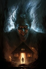 Evil creature, old house. Beautiful illustration picture. Generative AI