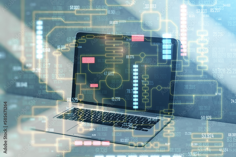 Poster close up of laptop computer on desktop with creative tech big data hologram on concrete wall backgro