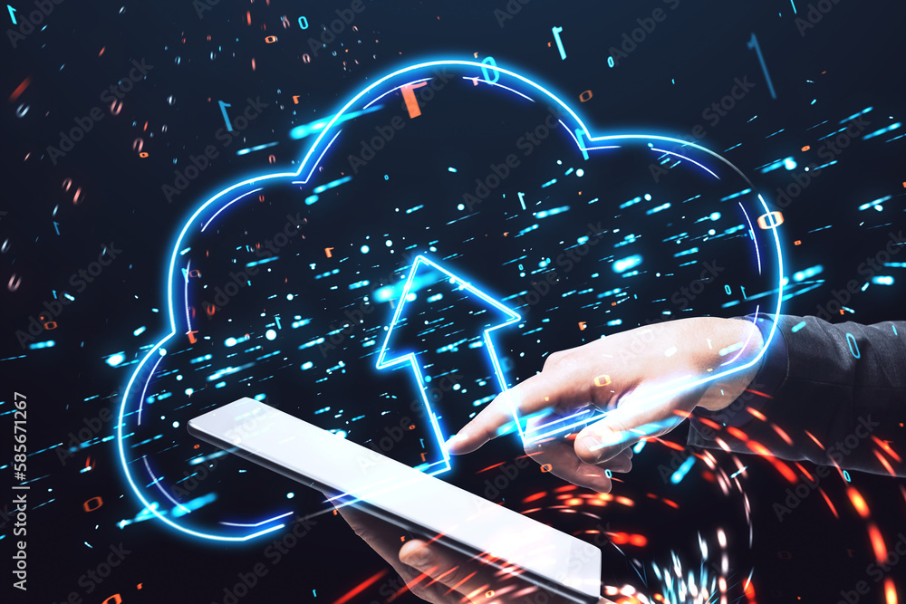 Poster Close up of hands using tablet with glowing cloud with arrow on blurry dark background. Database and server concept. Double exposure.