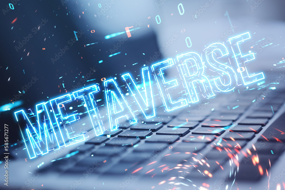 Poster close up of laptop with glowing metaverse text on blurry tech background. digital world and future c