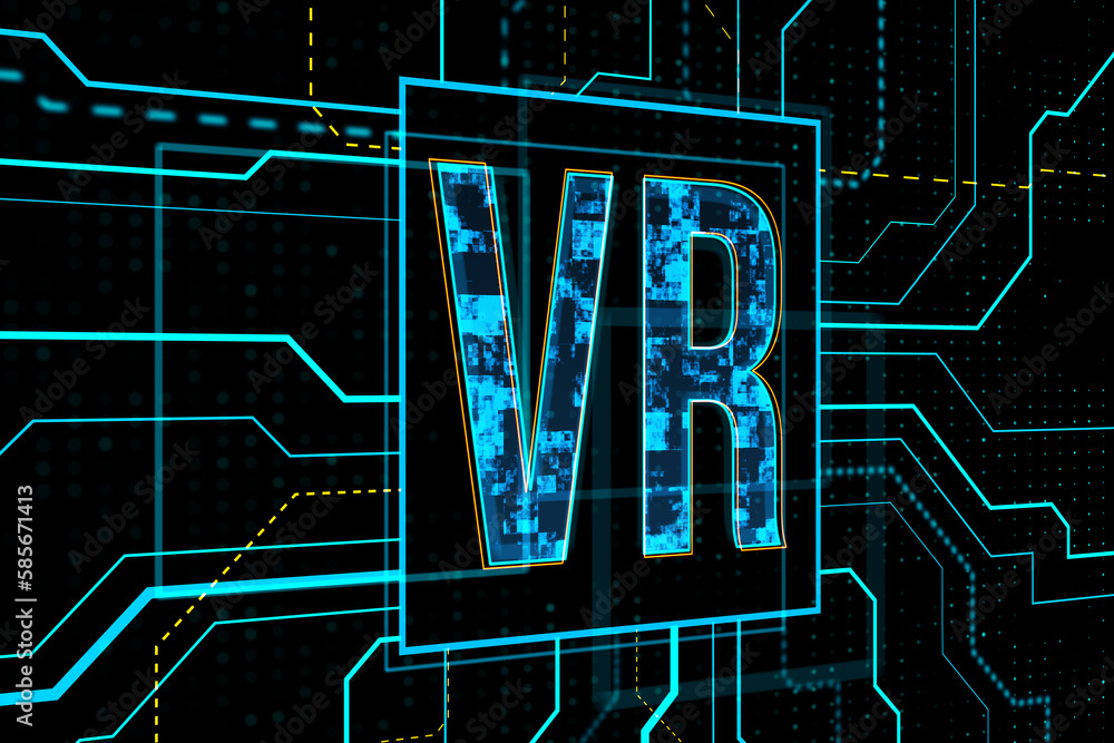 Poster creative linear vr hologram on dark background, virtual reality, future and metaverse concept. 3d re