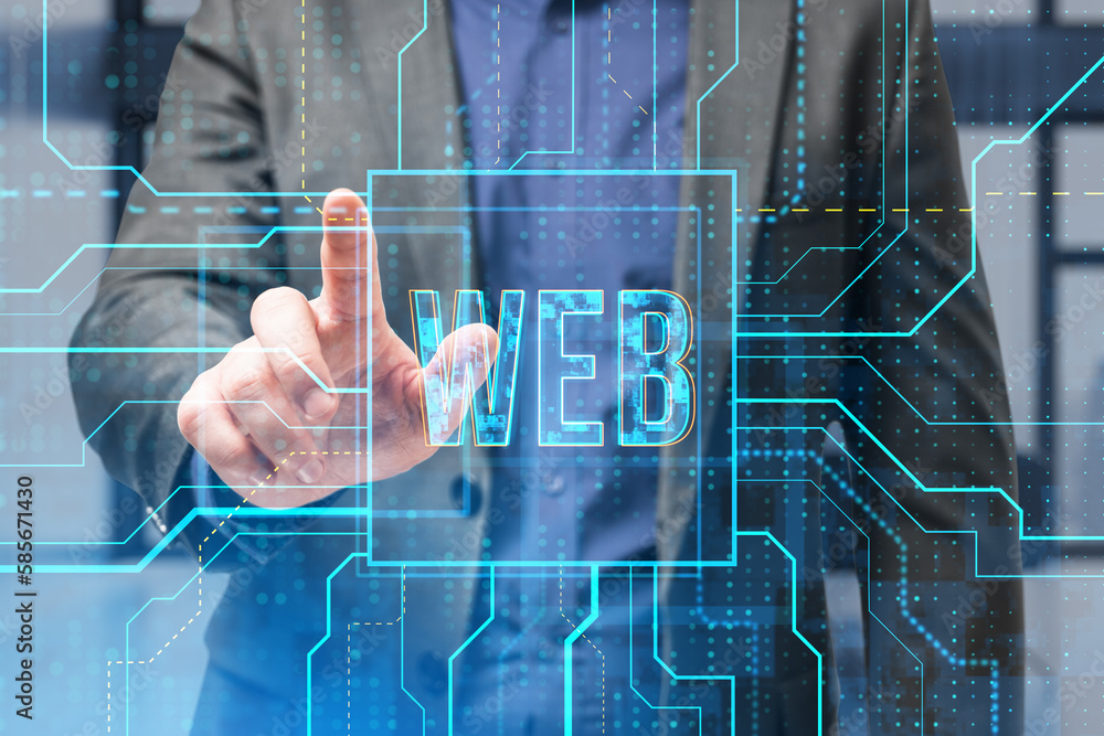 Poster close up of businessman hand pointing at glowing linear web text hologram on blurry office interior 