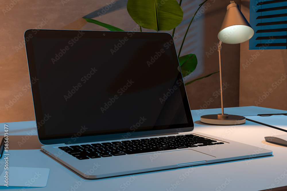 Poster close up of modern designer desktop with blank laptop screen and supplies. mock up, 3d rendering. wo