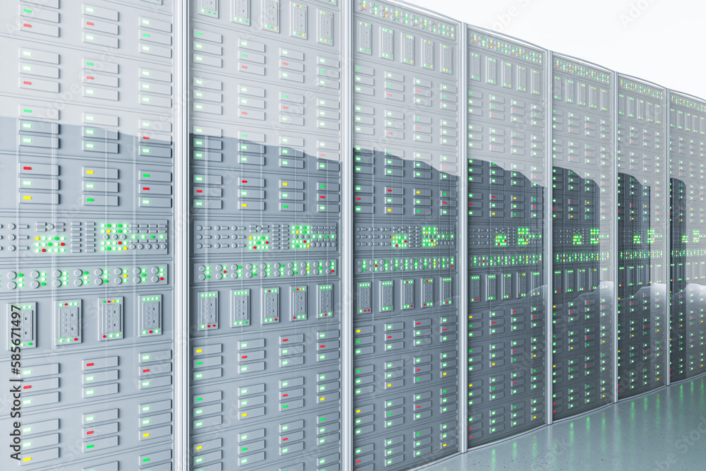 Aufkleber Modern light server room interior. Shot of Data Center With Multiple Rows of Fully Operational Server Racks. Modern Telecommunications. 3D Rendering.