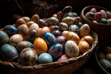 Fototapeta na wymiar basket overflowing with brightly colored Easter eggs. Generative AI