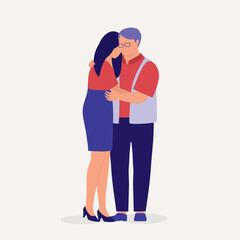 Senior Father And Adult Daughter Hugging Each Other Lovingly. Full Length. Flat Design Style, Character, Cartoon.