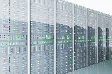 Modern light server room interior. Shot of Data Center With Multiple Rows of Fully Operational Server Racks. Modern Telecommunications. 3D Rendering.