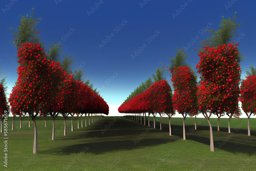 Poster rows of red apple trees. generative ai