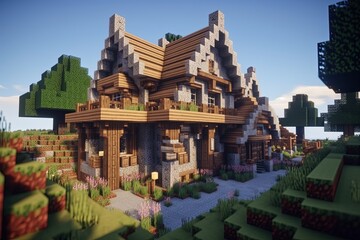 Obraz premium rustic cabin surrounded by trees and mountains. Generative AI