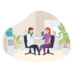 Medical checkup of blood pressure and health examination.Vector concept illustration of a girl and doctor sitting checkup of blood pressure in the room.