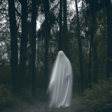 A ghostly vision in white robes roams between tree trunks. Ghost in the paranormal world. Horrible dream. Strange forest in a fog. Mystical atmosphere. Dark wood. Background wallpaper. Gloomy times.