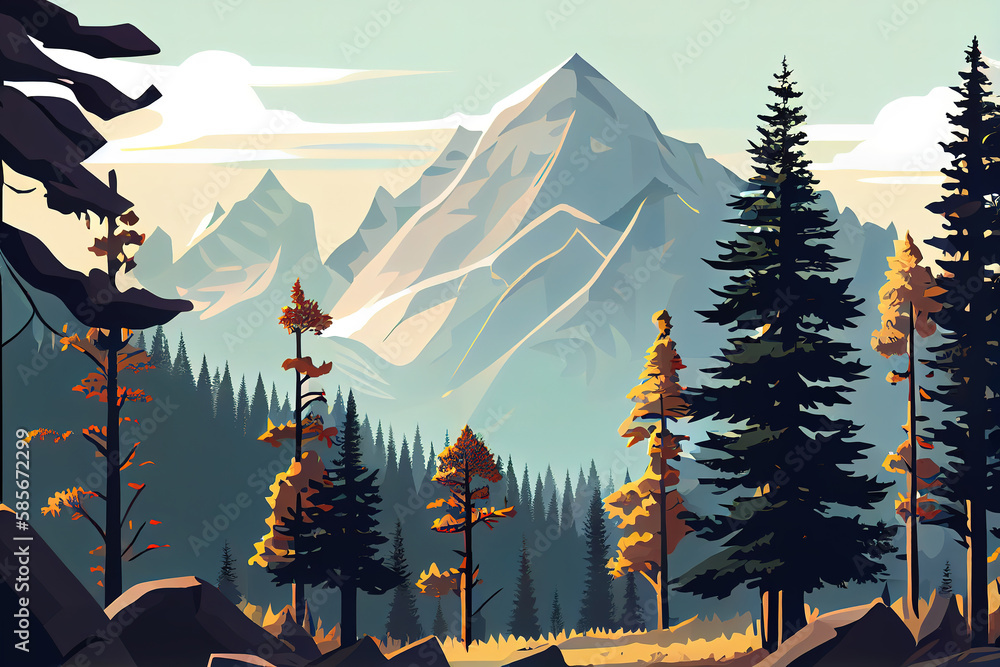 Poster forrest landscape. tree background. forrest banner. mountain landscape. generative ai