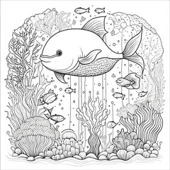 Cute fish in under water outline illustration. Sketch and concept of coloring book. Fit for education, kids book study, cover, tattoo.