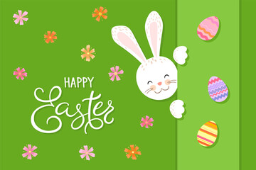 Happy Easter vector illustration on green background. Trendy Easter design with typography, bunny, flowers, eggs in soft colors for banner, poster, greeting card.