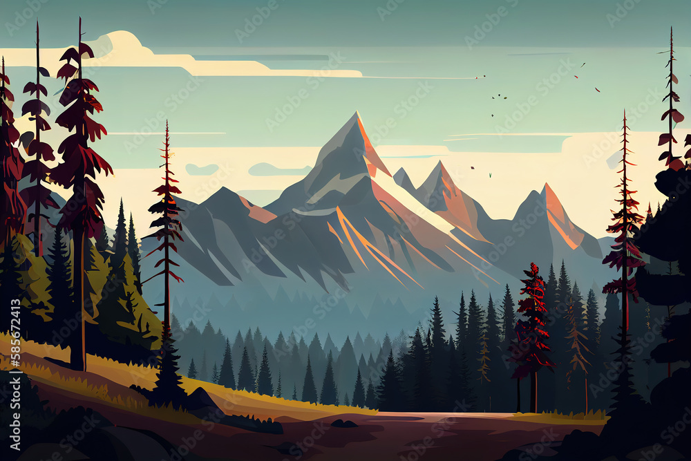 Poster vector mountain and forrest landscape in a daylight. generative ai