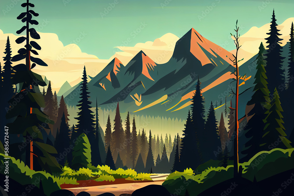 Poster vector mountain and forrest landscape in a daylight. generative ai