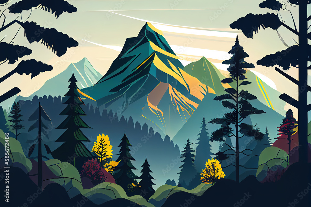 Poster vector mountain and forrest landscape in a daylight. generative ai