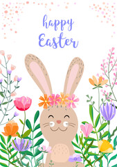 Happy Easter vector illustration on white background. Trendy Easter design with typography, bunny, flowers in soft colors for banner, poster, greeting card.