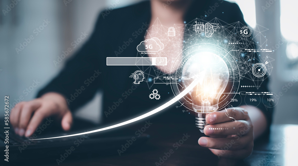Poster businessman holding glowing light bulb with ai data management system on the computer, hands working