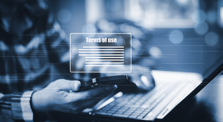 Businessmen hold smartphones of Terms of use concept, online banking check budget planning concept banner for website header design, Terms of use business concept. Terms and conditions of contract.