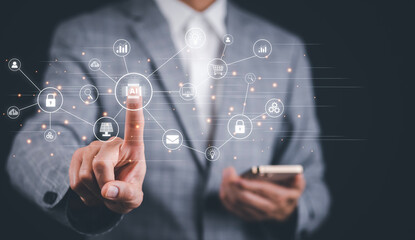 Programmer people working laptops or smartphones with AI, artificial intelligence software engineer coding on laptop computers with technology icons and binary code, big data, Ai bot digital machine