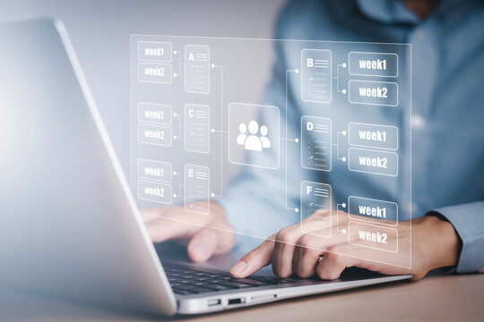 Working on laptops with Planning analysis and Project management online, Business people working laptops with the Project manager, software development or project management, boards on screen. Process