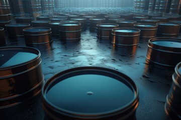 Warehouse Room filled with Stacked Barrels. Generative AI