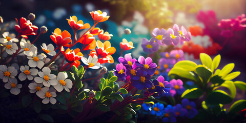Colorful beautiful multicolored flowers Zínnia spring summer in Sunny garden in sunlight on nature outdoors. Ultra wide banner format