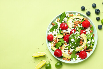 Concept of tasty food, salad with strawberry, space for text